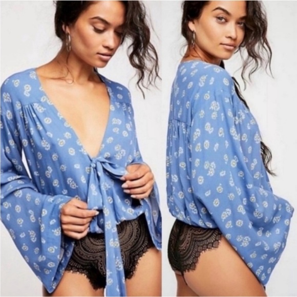Free People Tops - Free People Intimately Forties Feel Blue Daisy V-neck Bodysuit Long Sleeve- L
